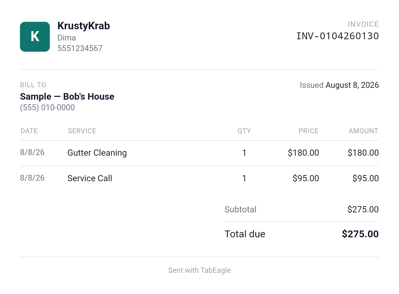 The invoice a TabEagle customer receives — business header, itemized work, and total due